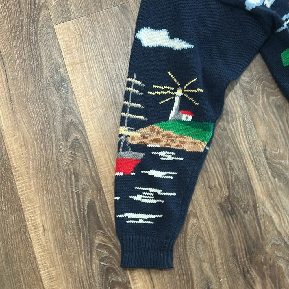 Vintage PBJ Sport Navy Blue Lighthouse Nautical Novelty Cardigan Size Large - Picture 4 of 16